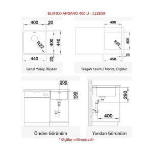 Blanco ANDANO 400 U Paslanmaz Çelik Evye, Tek hazneli, Tezgah altı, 40x40 cm - 2