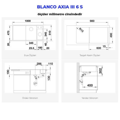 Blanco AXIA III 6 S Granit Evye, Antrasit, Sol, Cam kesme tahtalı, 100x51 cm