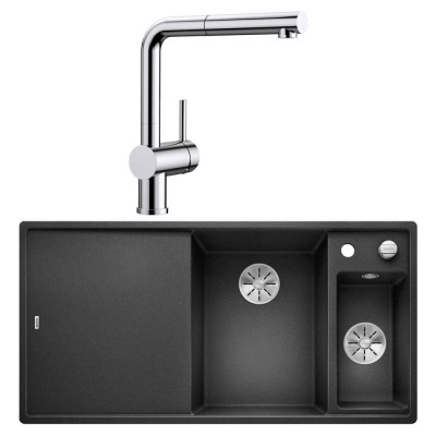 Blanco AXIA III 6 S Granit Antrasit Evye, Soldan damlalık, LINUS-S Krom Spiralli Armatür Set, Aksesuar hediyeli - 1