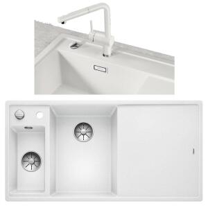 Blanco AXIA III 6 S Granit Beyaz Evye, Sağdan damlalık, LINUS-S Beyaz Spiralli Armatür Set, Aksesuar hediyeli - Blanco