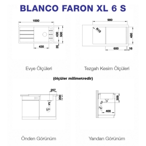 Blanco FARON XL 6 S Granit Evye, Alu Metallic, Tek Hazneli, Damlalıklı, 100x50 cm - Thumbnail