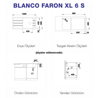Blanco FARON XL 6 S Granit Evye, Alu Metallic, Tek Hazneli, Damlalıklı, 100x50 cm