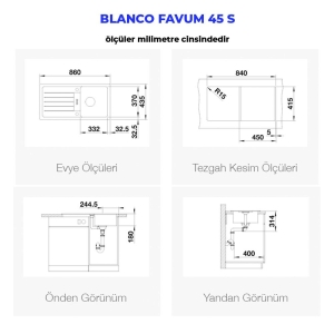 Blanco FAVUM 45 S Granit Evye, Siyah, Tek Hazneli, Damlalıklı, 86x43,5 cm - 2