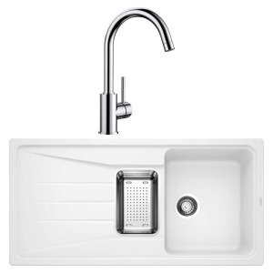 Blanco SONA 6 S Beyaz Granit Evye, MIDA Krom Armatür Set, Aksesuar Hediyeli - 1