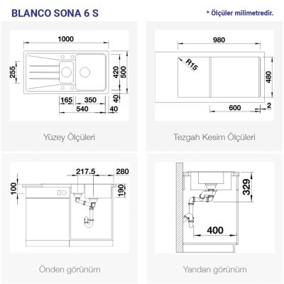 Blanco SONA 6 S Granit Evye, Kaya Gri, 1,5 Hazneli, Damlalıklı, 100x50 cm, Aksesuar Hediyeli - 3