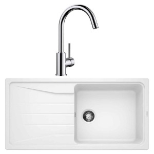Blanco SONA XL 6 S Granit Beyaz Evye, MIDA Krom Armatür Set - Blanco