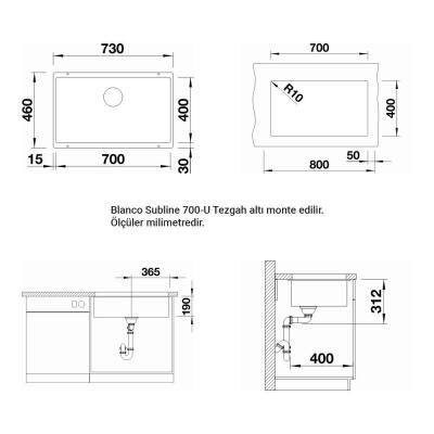 Blanco SUBLINE 700 U Granit Evye, Siyah, Tek hazneli, Tezgah altı, 70x40 cm - 2