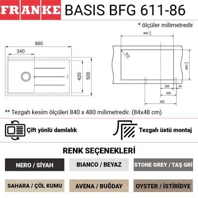 Franke BFG 611 Granit Evye, Slate Grey, Arduvaz Gri renk, 86x50 cm, Tek hazne, Tezgah üstü, Damlalıklı - 2
