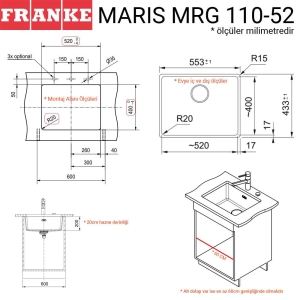Franke MRG 110-52 Granit Evye, Matt Black, Tezgahaltı, Tek hazne, 52x40 cm - 2