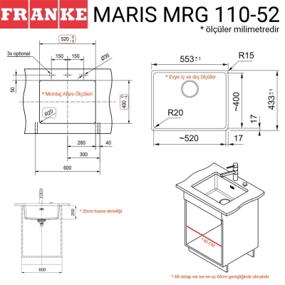Franke MRG 110-52 Granit Evye, Matt Black, Tezgahaltı, Tek hazne, 52x40 cm - 2