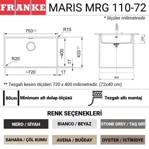 Franke MRG 110-72 Granit Evye, Stone Grey, Tezgahaltı, Tek hazne, 72x40 cm - 2