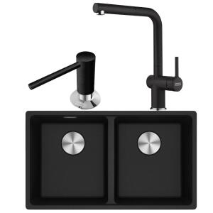 Franke MRG 120-35-35 Granit Siyah Renk Evye, ACTIVE PLUS DOCCIA 2.0 Siyah Renk Armatür, Sıvı Sabunluk Siyah Renk - Franke