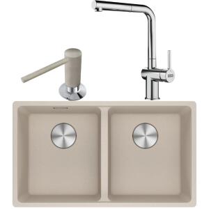 Franke MRG 120-35-35 Granit Sahara Renk Evye, ACTIVE PLUS DOCCIA 2.0 Krom Renk Armatür, Sıvı Sabunluk Sahara Renk - Franke