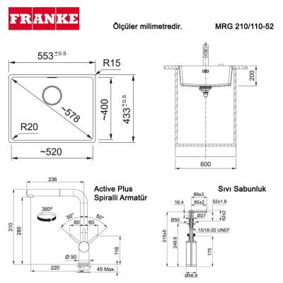Franke Maris MRG 110-52 Üçlü Set, Stone Grey renk, Evye - Armatür - Sıvı Sabunluk - 2