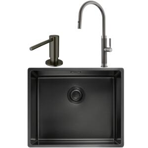 Franke MYTHOS BXM 210/110-50 Paslanmaz Çelik Antrasit Evye, MYTHOS Spiralli Antrasit Armatür, Sıvı Sabunluk Antrasit - Franke