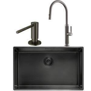 Franke MYTHOS BXM 210/110-68 Paslanmaz Çelik Antrasit Evye, MYTHOS Spiralli Antrasit Armatür, Sıvı Sabunluk Antrasit - Franke