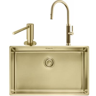 Franke MYTHOS BXM 210/110-68 Paslanmaz Çelik Gold Evye, MYTHOS Spiralli Gold Armatür, Sıvı Sabunluk Gold - 1
