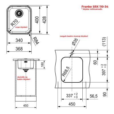 Franke SRX 110-34 Paslanmaz Çelik Eviye, Tezgah altı, 34x40cm - 2