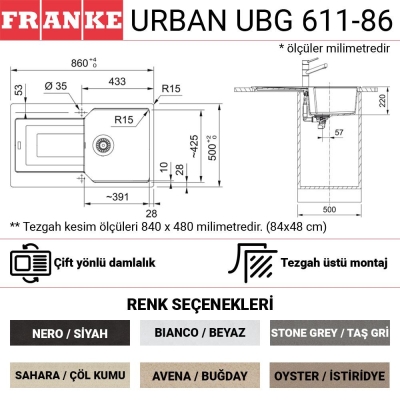 Franke Urban UBG 611-86 Granit Evye, Avena, Tezgah üstü, Tek hazne, Damlalıklı, 86x50 cm - 2