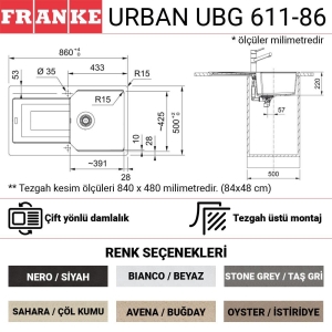 Franke Urban UBG 611-86 Granit Evye, Oyster, Tezgah üstü, Tek hazne, Damlalıklı, 86x50 cm - 2