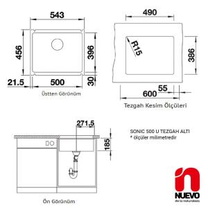 NUEVO SONIC 500 U Seramik Evye, Manolya, Tezgah altı, 50x40 cm - 2