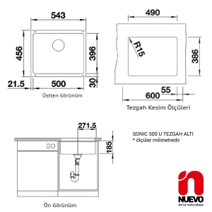 NUEVO SONIC 500 U Seramik Evye, Kristal Beyaz, Tezgah altı, 50x40 cm - 2