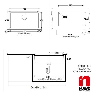 NUEVO SONIC 700 U Seramik Evye, Siyah, Tezgah altı, 70x40 cm - 2