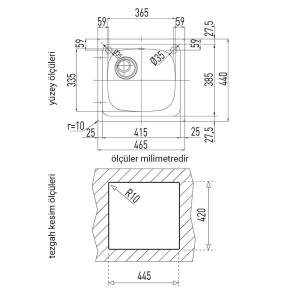Teka E50 1B 465x440 Paslanmaz Çelik Evye, Sağ, Tezgah üstü - 2