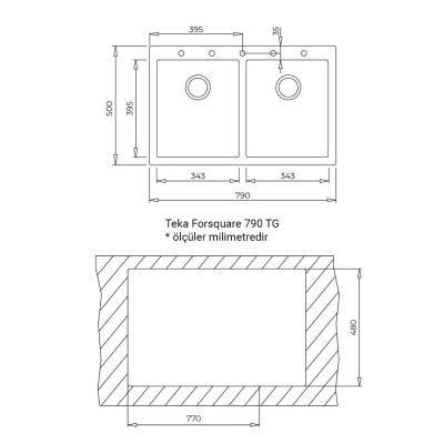 Teka FORSQUARE 790 TG Granit Evye, Black, Çift Hazneli, 79x50 cm, Tezgahüstü, Siyah - 2