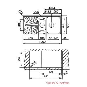 Teka PRINCESS 60 B Paslanmaz Çelik Evye, 1,5 hazneli, Sol damlalıklı, Dekorlu yüzey - 2