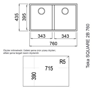 Teka SQUARE 2B 760 TG BLACK Granit Evye, Tezgahaltı, Siyah Renk, 76x43 cm - 3