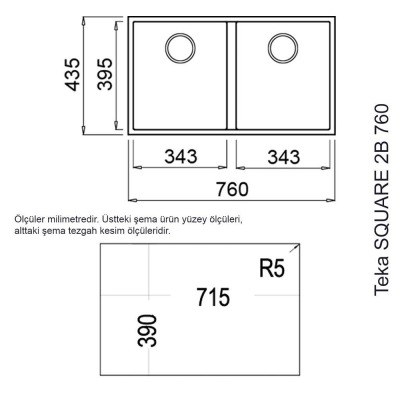 Teka SQUARE 2B 760 TG BLACK Granit Evye, Tezgahaltı, Siyah Renk, 76x43 cm - 3