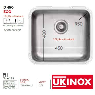 Ukinox D 450 ECO Paslanmaz Çelik Evye, Düz yüzey, Tezgah altı, 45x40cm, Taşmalıksız - 2