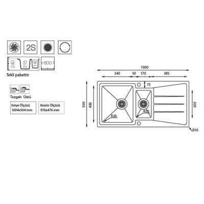 Ukinox MA 100 Evye, 1,5 hazneli, Çift yönlü, Tezgah üstü - 3