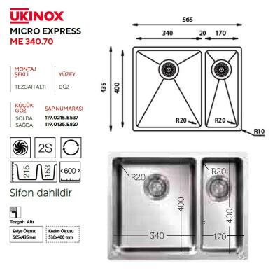 Ukinox ME 340.70 Evye, 1,5 hazne, Tezgah altı, Küçük göz sağda - 2