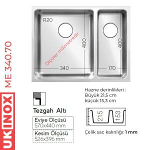 Ukinox ME 340.70 Paslanmaz Çelik Evye, Tezgahaltı, Sağ Küçük, Sol Büyük Hazne - 2