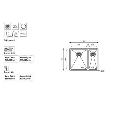 Ukinox ME 340.70 Evye, 1,5 hazne, Tezgaha sıfır, Küçük göz sağda - 2