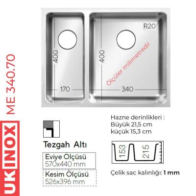 Ukinox ME 340.70 Paslanmaz Çelik Evye, Tezgahaltı, Sol Küçük, Sağ Büyük Hazne - 2