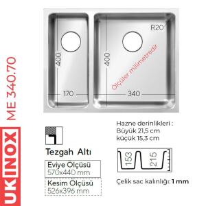 Ukinox ME 340.70 Paslanmaz Çelik Evye, Tezgahaltı, Sol Küçük, Sağ Büyük Hazne - 2