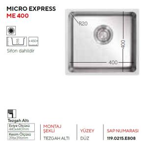 Ukinox ME 400 Paslanmaz Çelik Evye, Tezgah Altı, Tek hazne, 40x40cm - 2