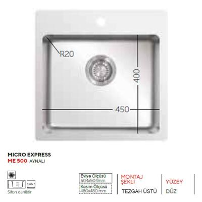 Ukinox ME 500 Paslanmaz Çelik Evye, Tezgah üstü, Tek hazne, 50x50cm - 2