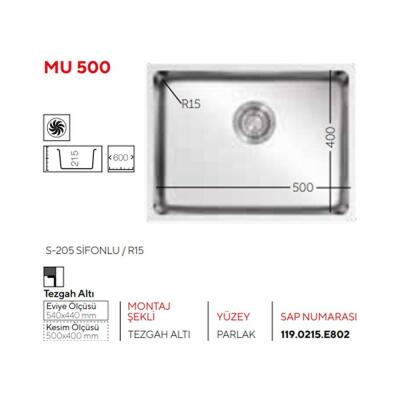 Ukinox MU 500 Paslanmaz Çelik Evye, Tezgah altı, Tek hazneli, 50x40 cm - 2