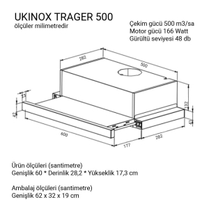 Ukinox TRAGER S 500 Sürgülü Aspiratör, Siyah, 60cm, 500m3 - 2
